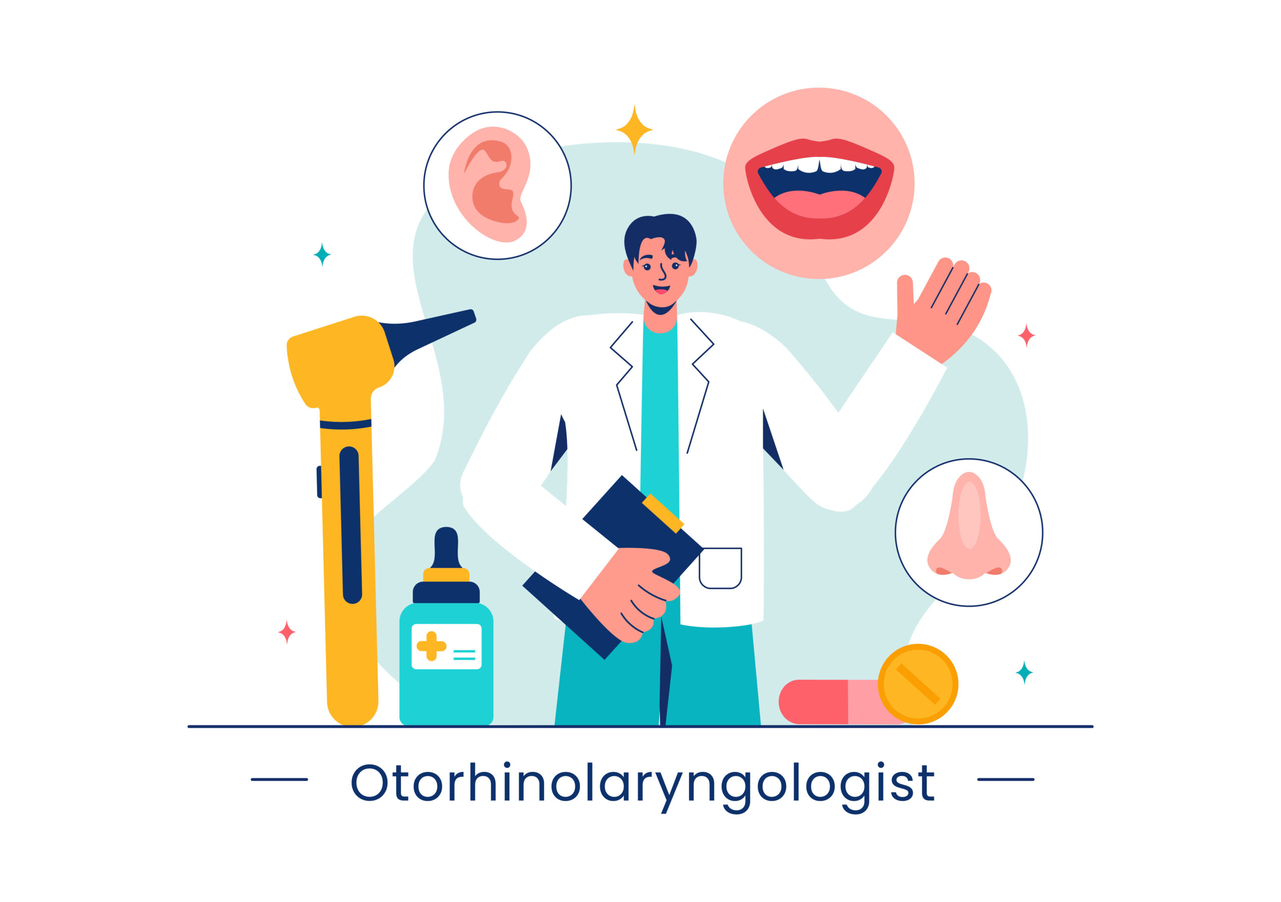 Vector Illustration of an Otorhinolaryngologist in a Healthcare Setting, Relating to Medical Issues of the Ear, Nose and Throat in a Flat Background